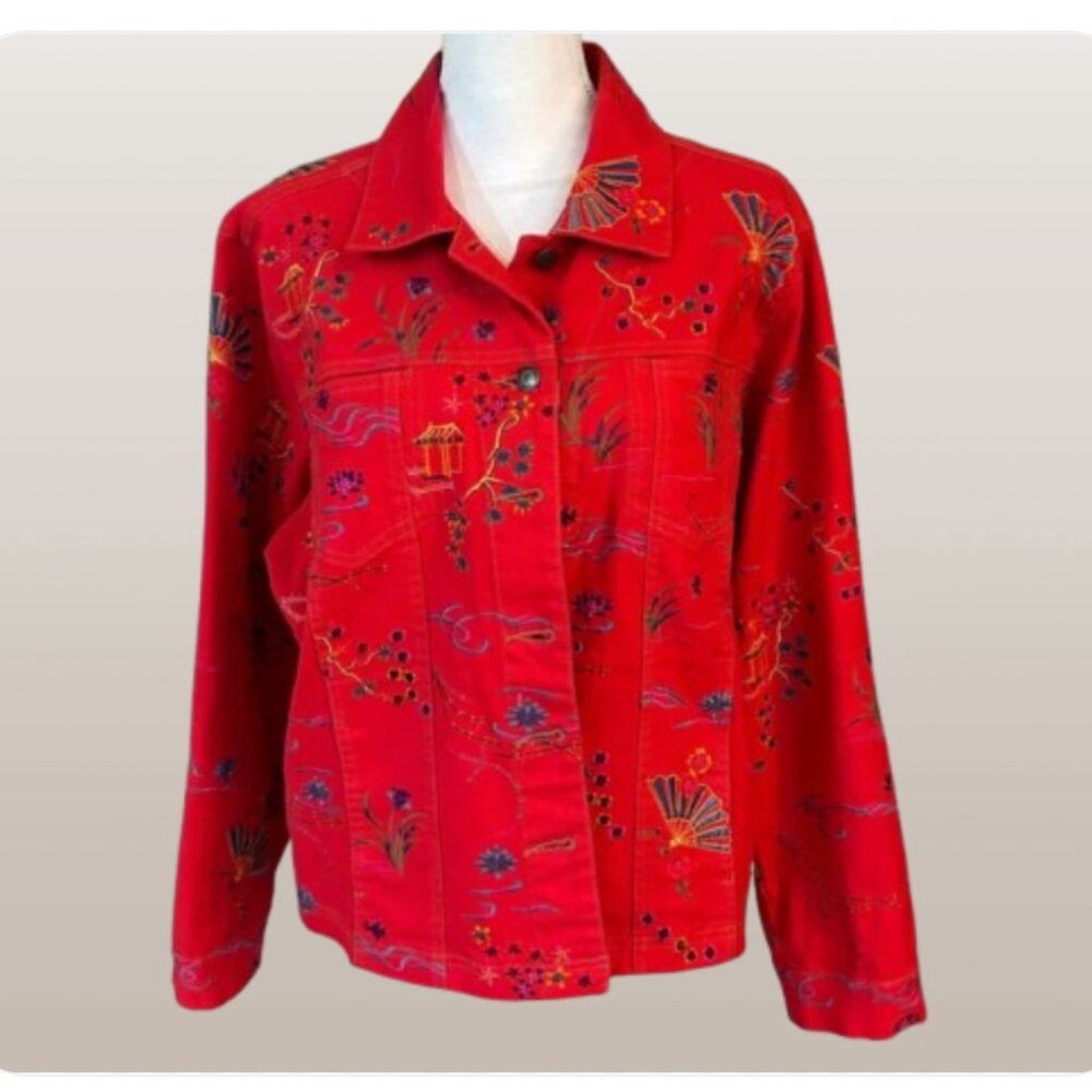 Graff Vintage 90s Red Colorful Embroidered jean Jacket medium
